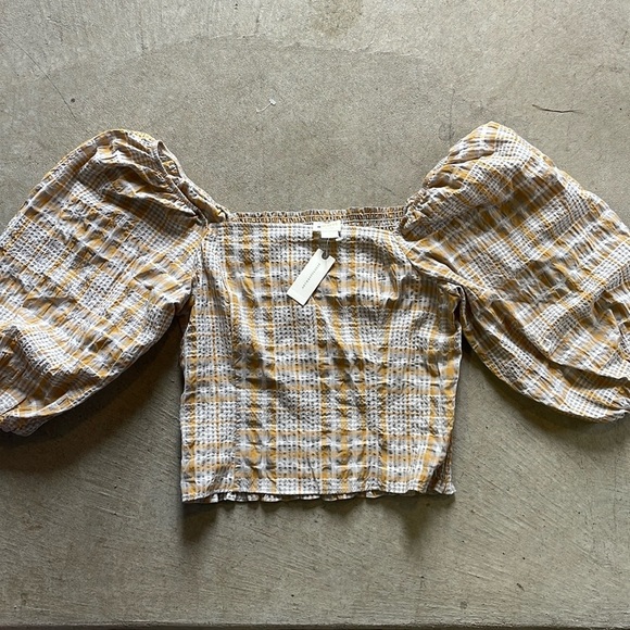 Anthropologie Orange and White Gingham Smocked Plaid Flirty Puff Sleeve Top K3 - Picture 1 of 3